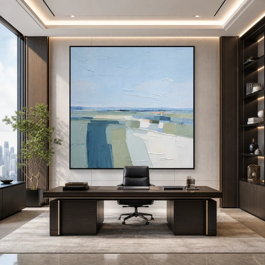 Coastal Reverie hand-painted ocean blue, ivory and soft neutral tones textured coastal landscape painting shown as stretched canvas