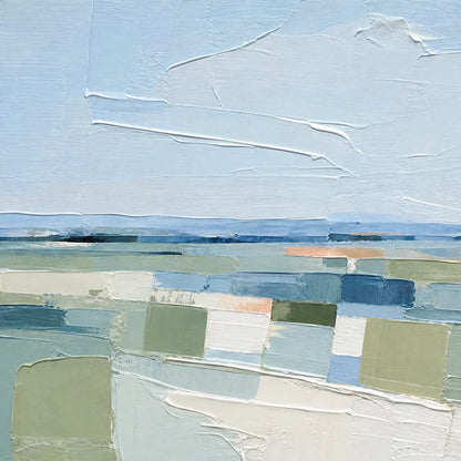 Coastal Reverie hand-painted ocean blue, ivory and soft neutral tones textured coastal landscape painting shown with gold frame