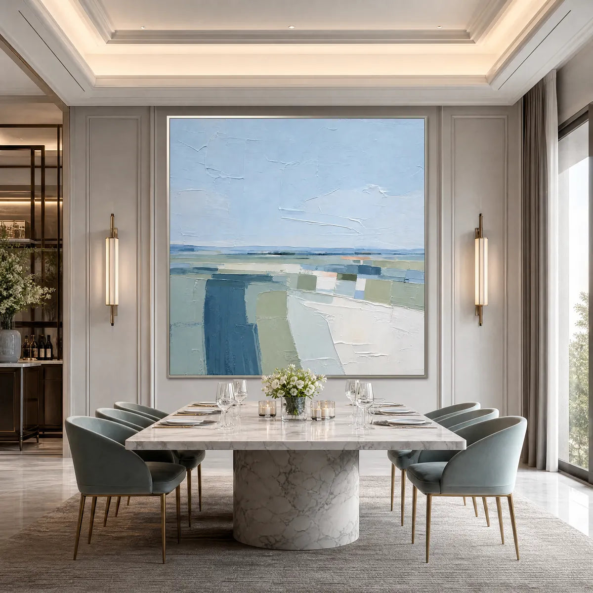 Coastal Reverie hand-painted ocean blue, ivory and soft neutral tones textured coastal landscape painting shown with white frame