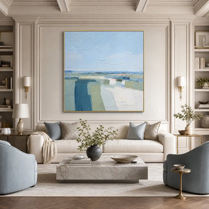 Coastal Reverie hand-painted ocean blue, ivory and soft neutral tones textured coastal landscape painting shown with black frame