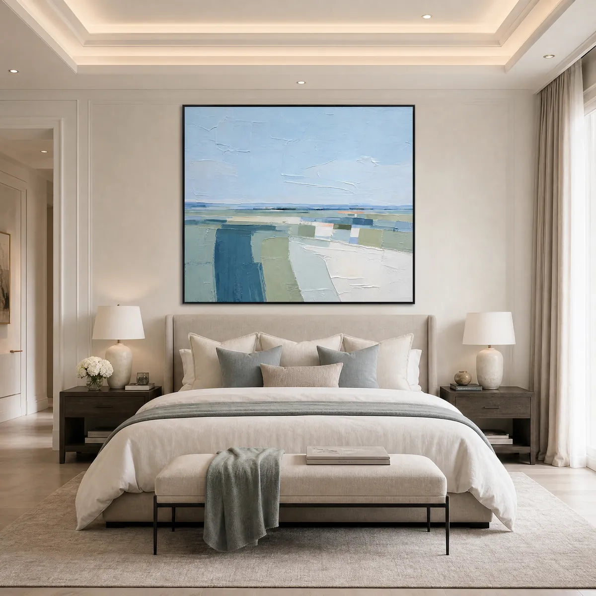 Coastal Reverie hand-painted ocean blue, ivory and soft neutral tones textured coastal landscape painting shown with wood frame