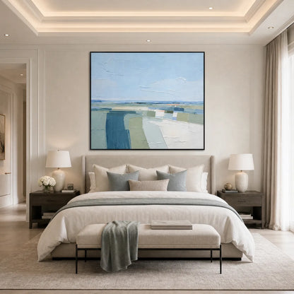 Coastal Reverie hand-painted ocean blue, ivory and soft neutral tones textured coastal landscape painting shown with wood frame