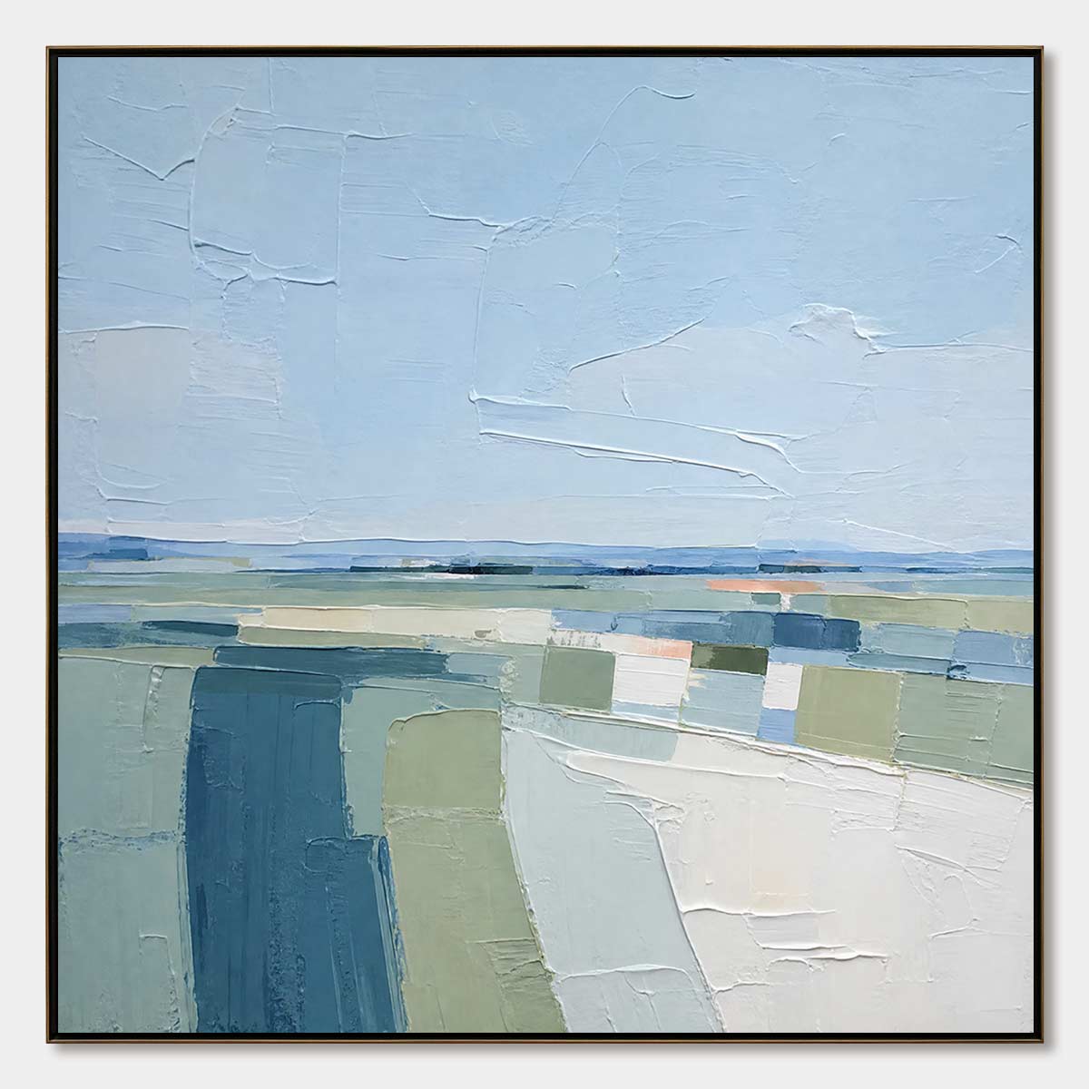 Coastal Reverie hand-painted ocean blue, ivory and soft neutral tones textured coastal landscape painting rolled canvas option
