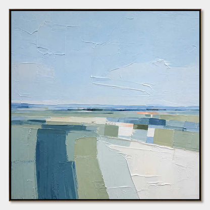 Coastal Reverie hand-painted ocean blue, ivory and soft neutral tones textured coastal landscape painting rolled canvas option
