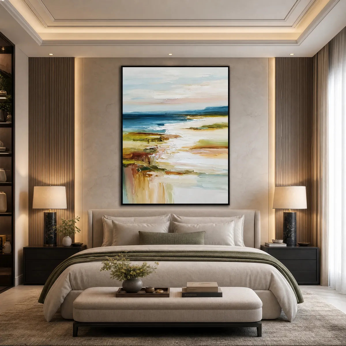 Coastal Reverie hand-painted sand and ivory textured ocean wave painting shown as stretched canvas