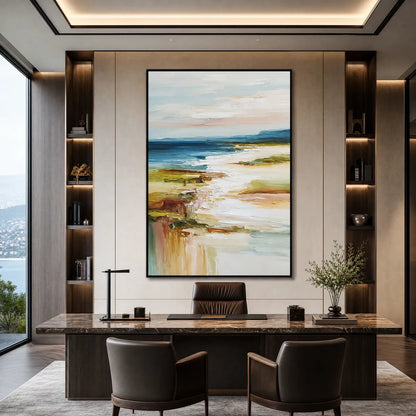 Coastal Reverie hand-painted sand and ivory textured ocean wave painting shown with silver frame