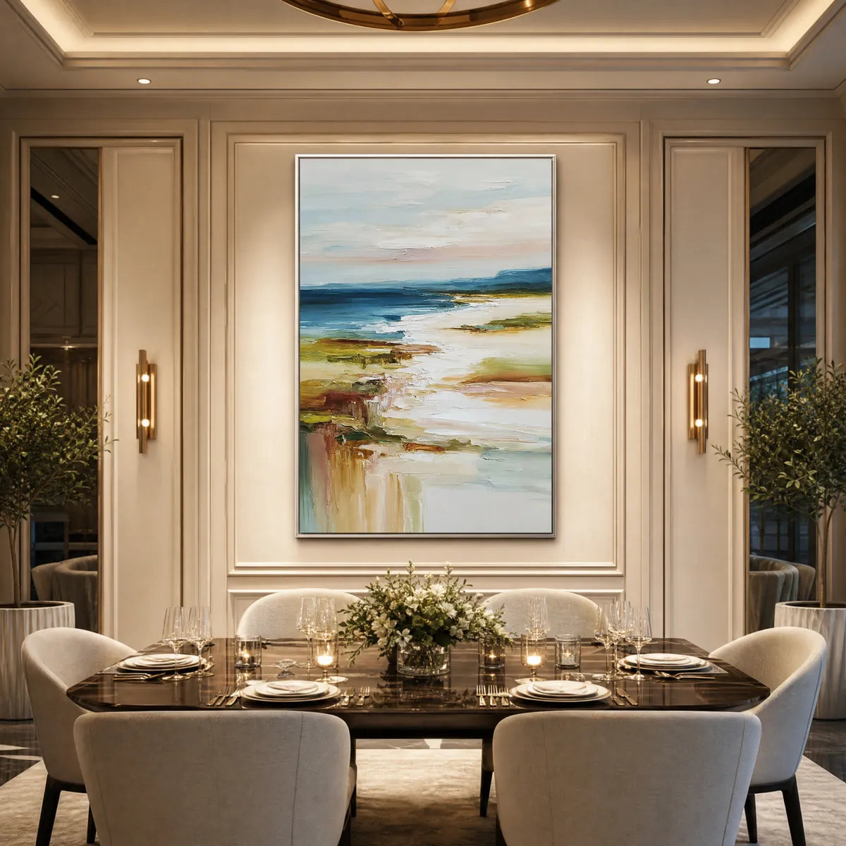 Coastal Reverie hand-painted sand and ivory textured ocean wave painting shown with white frame