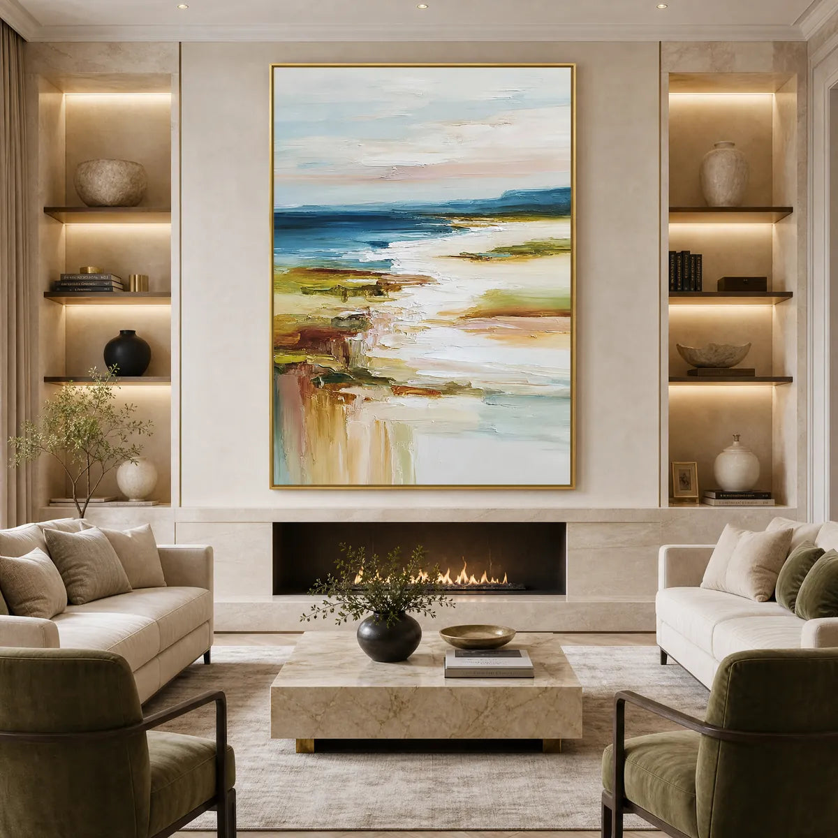 Coastal Reverie hand-painted sand and ivory textured ocean wave painting shown with black frame