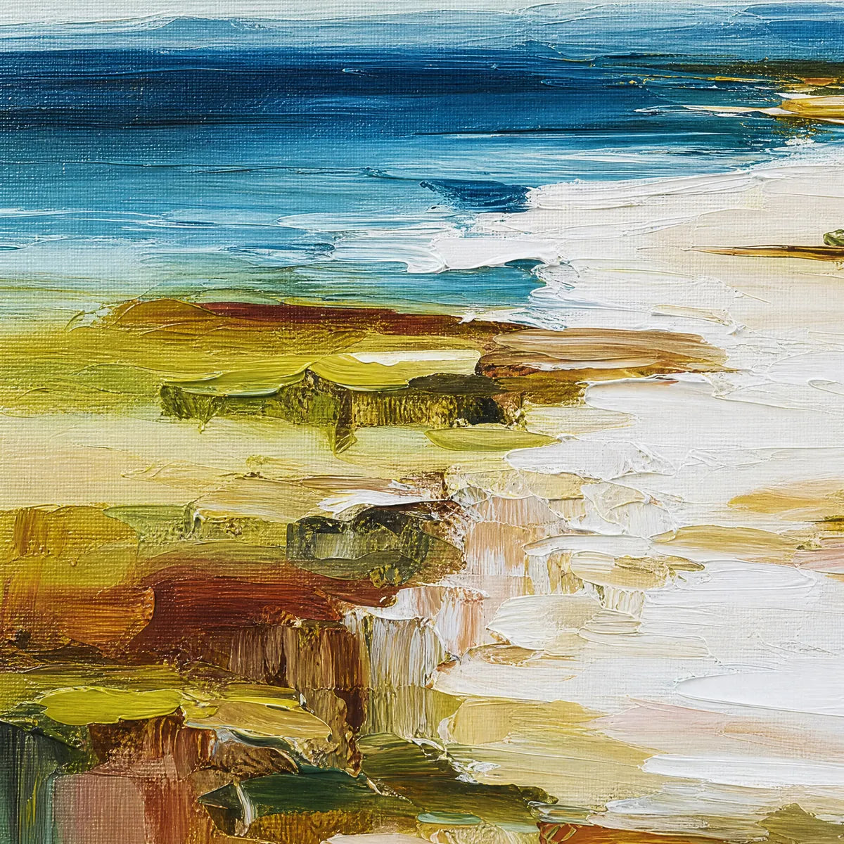 Coastal Reverie hand-painted sand and ivory textured ocean wave painting shown with gold frame