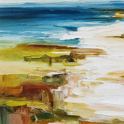 Coastal Reverie hand-painted sand and ivory textured ocean wave painting shown with gold frame
