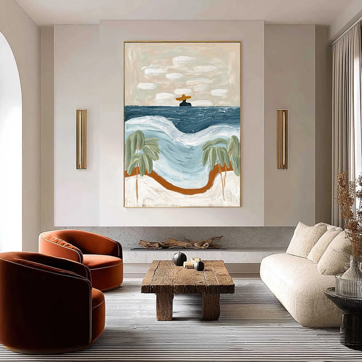 Coastal Reverie hand-painted ocean blue, ivory and soft neutral tones textured coastal abstract painting shown as stretched canvas