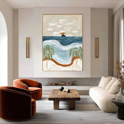 Coastal Reverie hand-painted ocean blue, ivory and soft neutral tones textured coastal abstract painting shown as stretched canvas