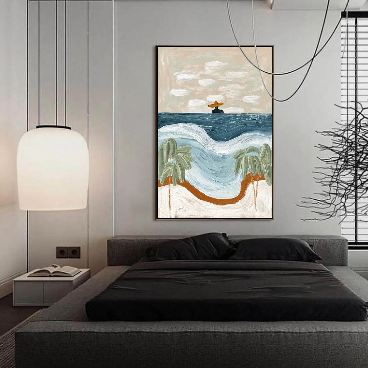 Coastal Reverie hand-painted ocean blue, ivory and soft neutral tones textured coastal abstract painting shown with silver frame