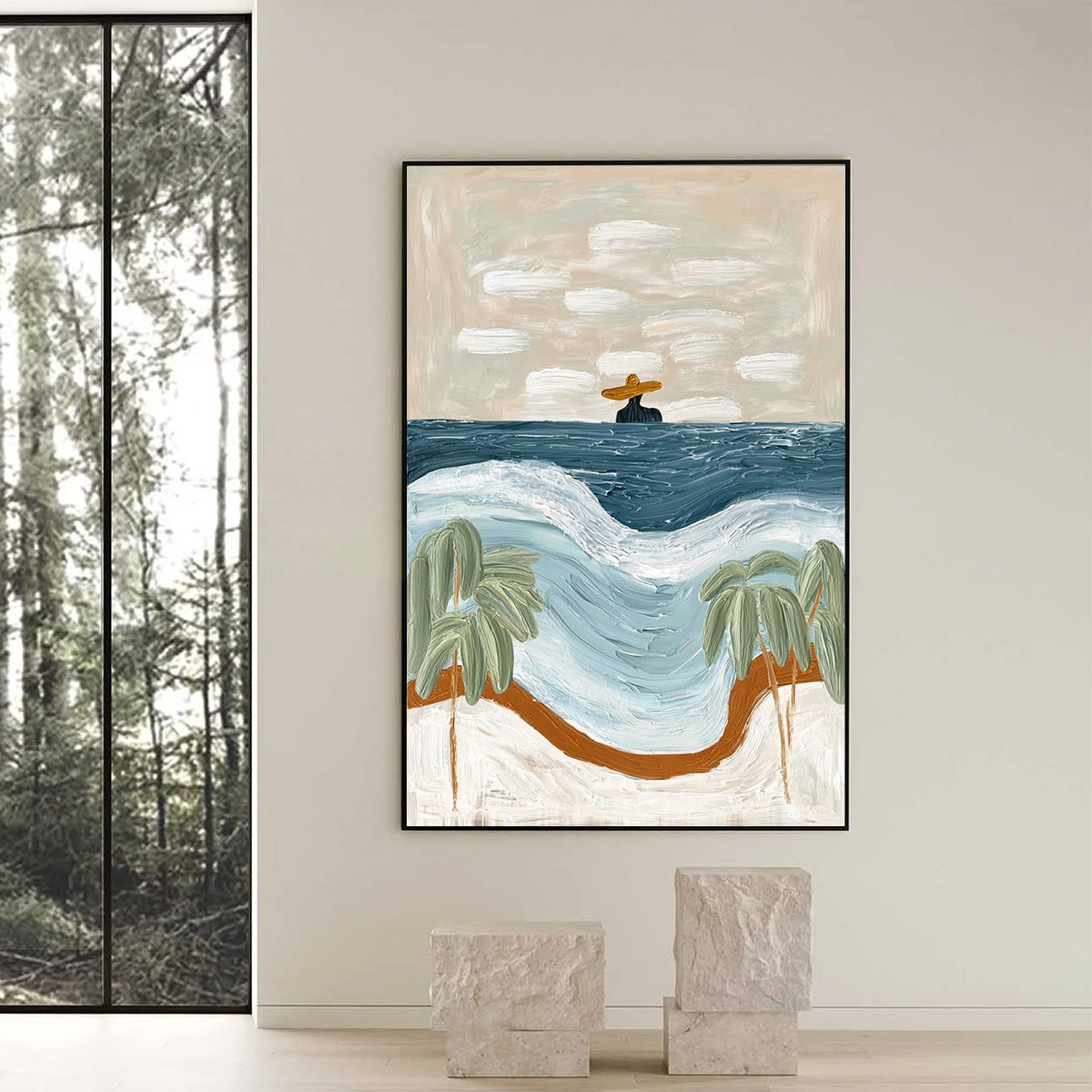 Coastal Reverie hand-painted ocean blue, ivory and soft neutral tones textured coastal abstract painting shown with black frame
