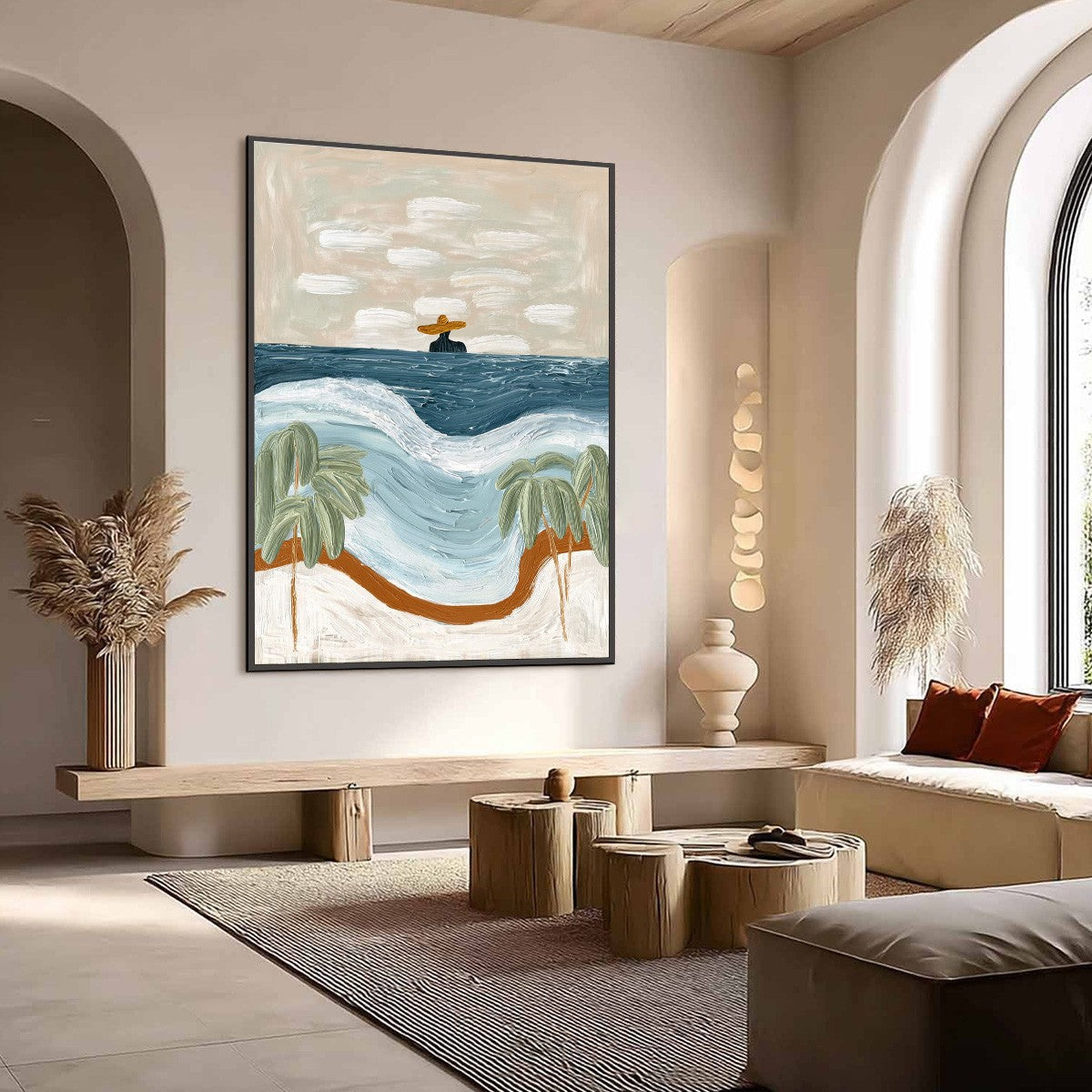 Coastal Reverie hand-painted ocean blue, ivory and soft neutral tones textured coastal abstract painting shown with wood frame