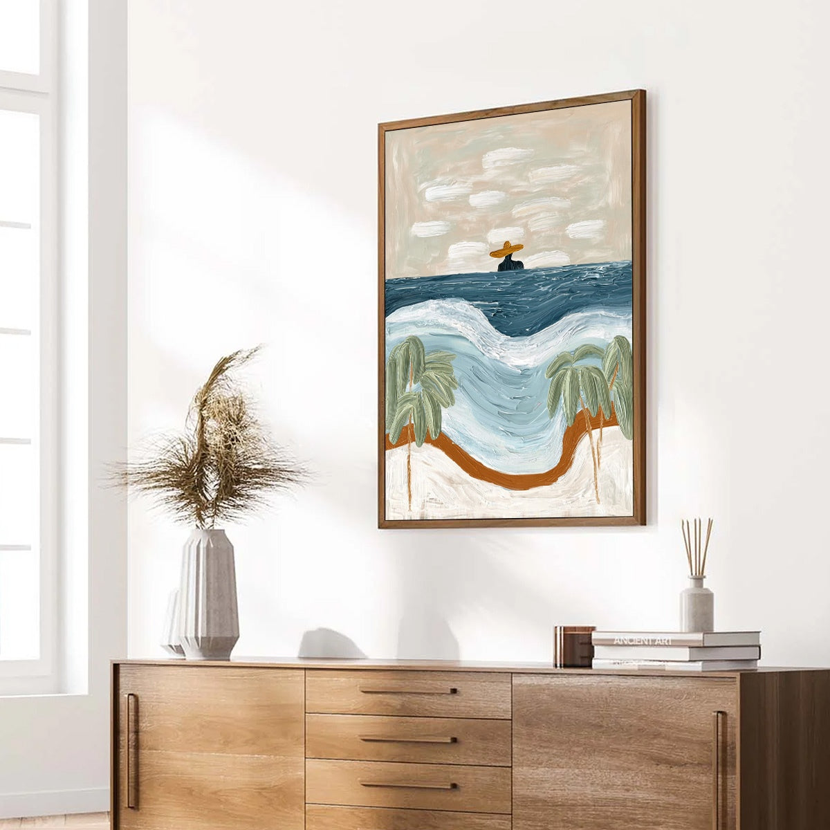 Coastal Reverie hand-painted ocean blue, ivory and soft neutral tones textured coastal abstract painting rolled canvas option