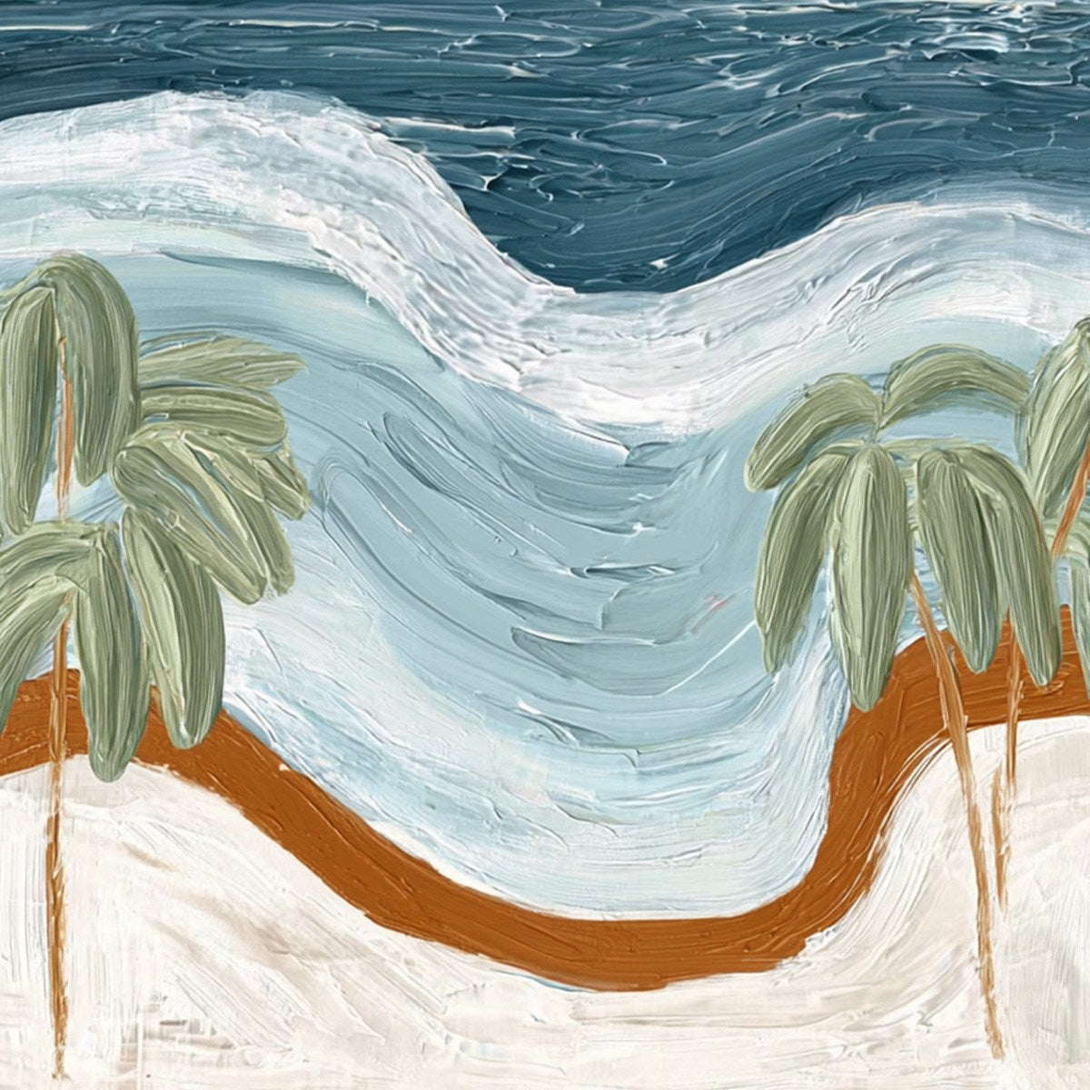 Coastal Reverie hand-painted ocean blue, ivory and soft neutral tones textured coastal abstract painting shown with white frame
