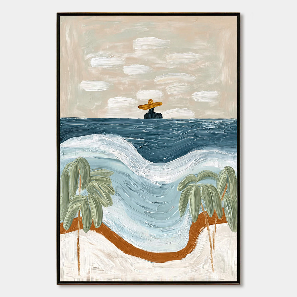 Coastal Reverie hand-painted ocean blue, ivory and soft neutral tones textured coastal abstract painting rolled canvas option