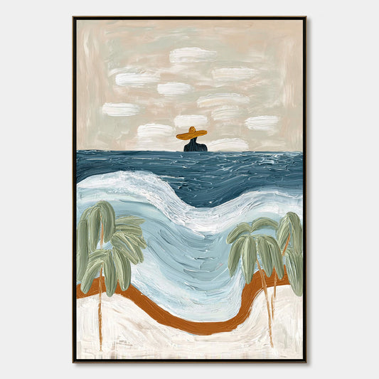 Coastal Reverie hand-painted ocean blue, ivory and soft neutral tones textured coastal abstract painting rolled canvas option