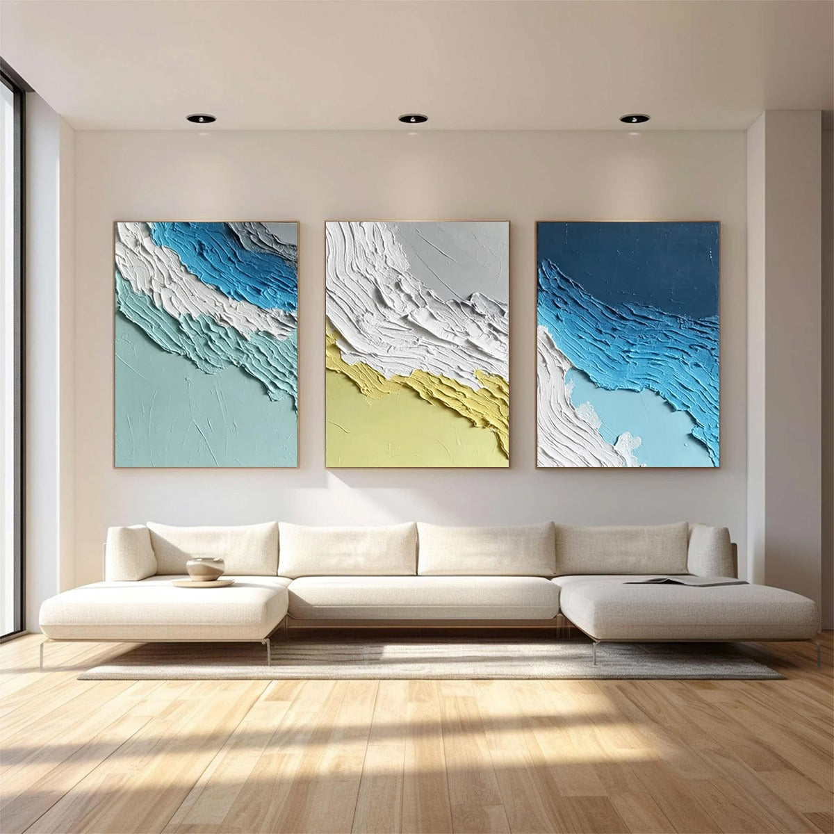 Coastal Rhythm hand-painted sand and ocean blue textured coastal abstract painting shown with black frame