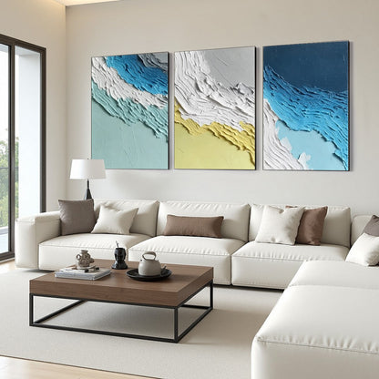 Coastal Rhythm hand-painted sand and ocean blue textured coastal abstract painting shown with wood frame