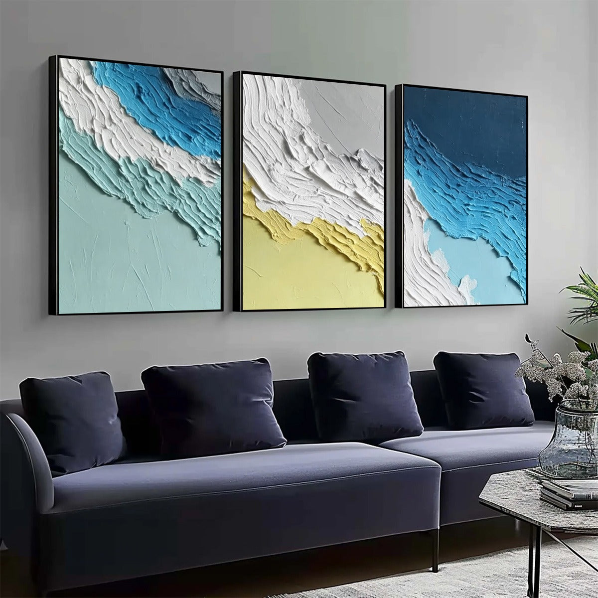 Coastal Rhythm hand-painted sand and ocean blue textured coastal abstract painting rolled canvas option