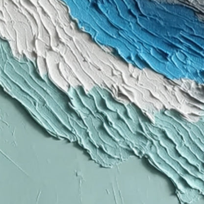 Coastal Rhythm hand-painted sand and ocean blue textured coastal abstract painting shown with gold frame