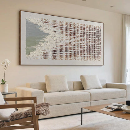 Green and White Wabi-Sabi Shoreline Impasto Oil Painting – Coastal Rhythm