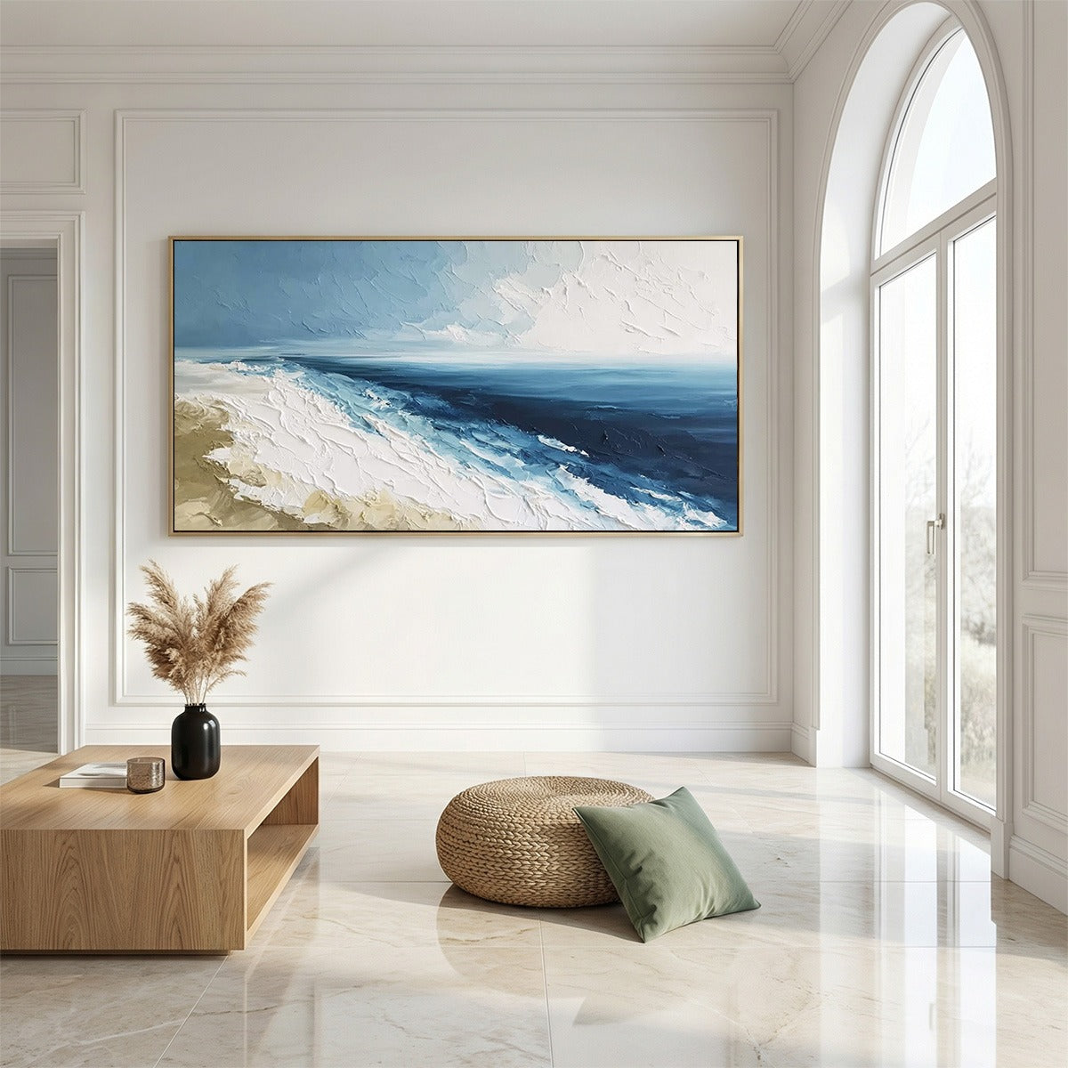 Coastal Serenity hand-painted ocean blue and ivory textured seascape painting shown with silver frame