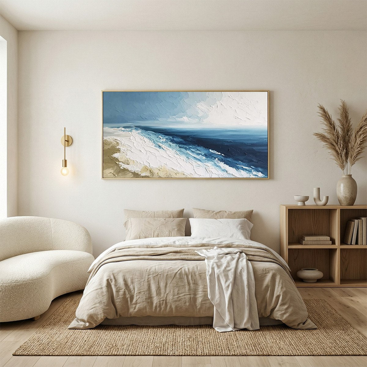 Coastal Serenity hand-painted ocean blue and ivory textured seascape painting shown with black frame
