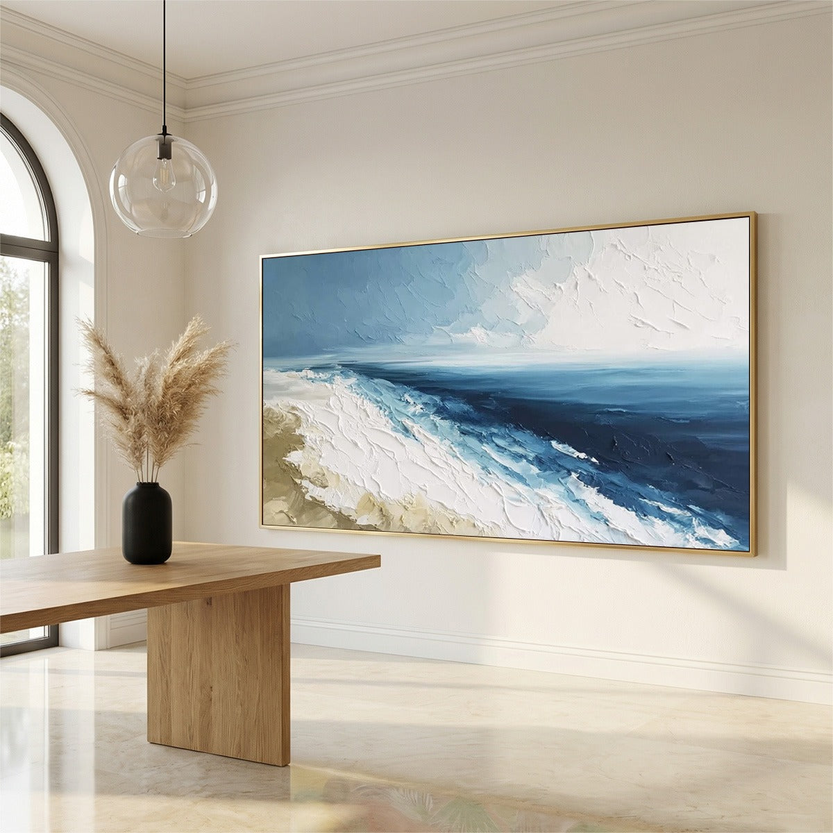 Coastal Serenity hand-painted ocean blue and ivory textured seascape painting shown with wood frame