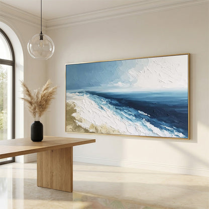 Coastal Serenity hand-painted ocean blue and ivory textured seascape painting shown with wood frame
