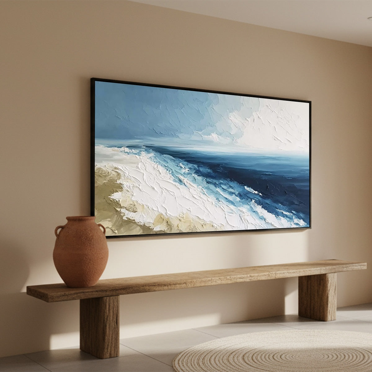 Coastal Serenity hand-painted ocean blue and ivory textured seascape painting rolled canvas option