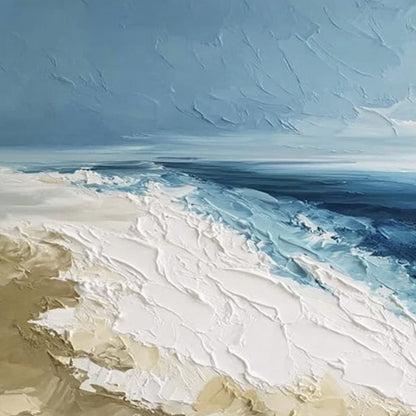 Coastal Serenity hand-painted ocean blue and ivory textured seascape painting shown with gold frame