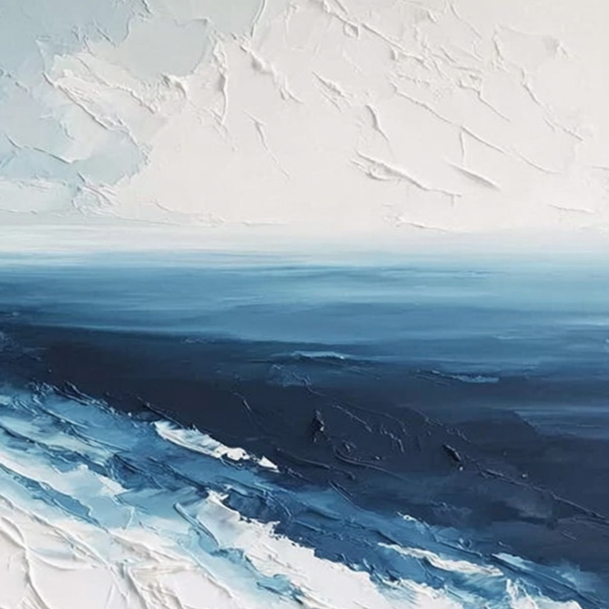 Coastal Serenity hand-painted ocean blue and ivory textured seascape painting shown with white frame