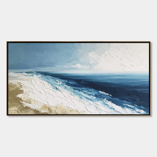 Coastal Serenity hand-painted ocean blue and ivory textured seascape painting rolled canvas option
