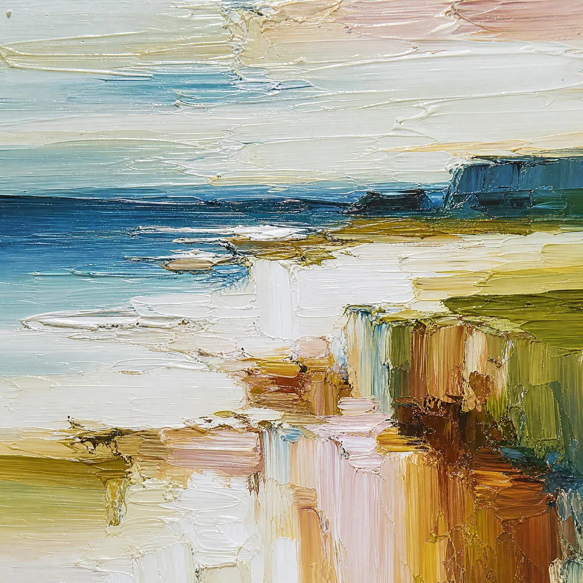 Coastal Serenity hand-painted blush pink and ivory textured coastal landscape painting shown with gold frame