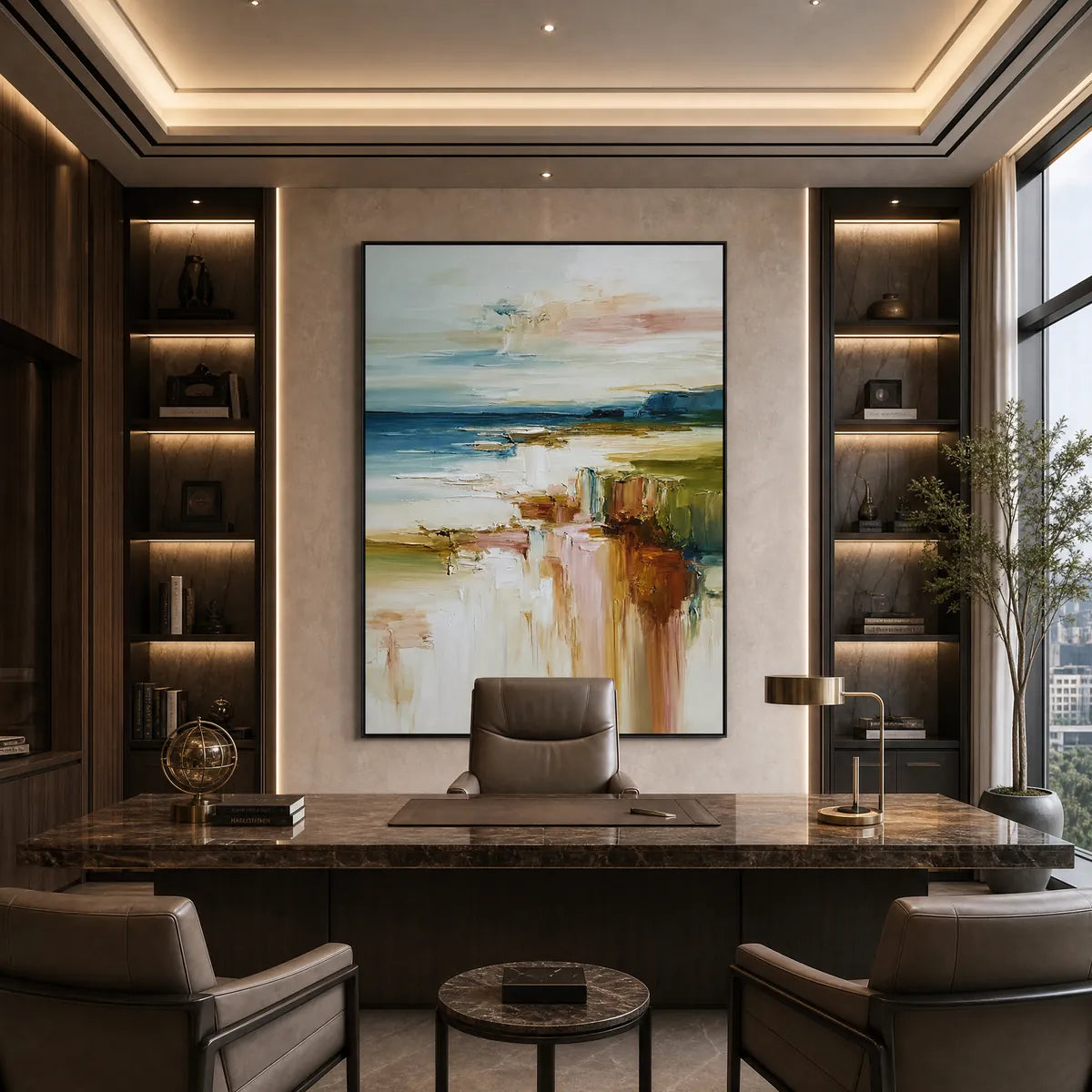 Coastal Serenity hand-painted blush pink and ivory textured coastal landscape painting shown with silver frame