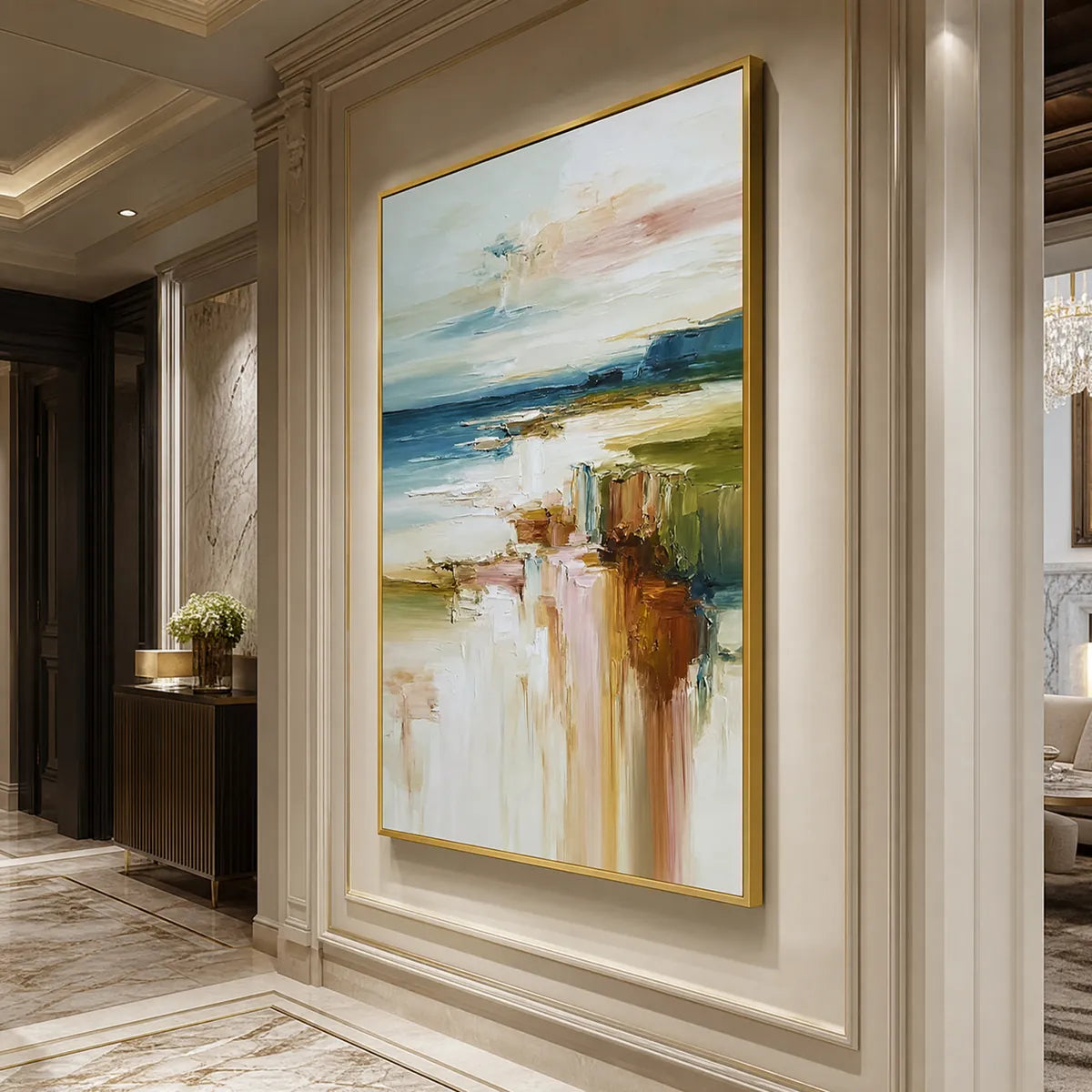 Coastal Serenity hand-painted blush pink and ivory textured coastal landscape painting shown with white frame