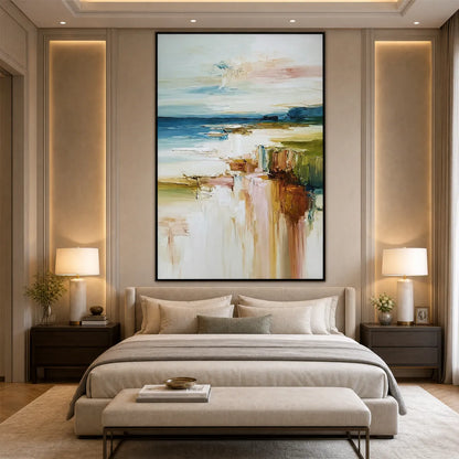 Coastal Serenity hand-painted blush pink and ivory textured coastal landscape painting shown with black frame