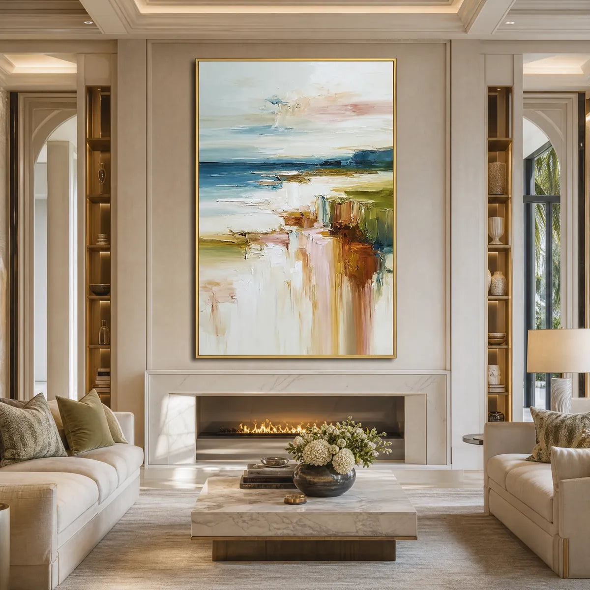 Coastal Serenity hand-painted blush pink and ivory textured coastal landscape painting shown with wood frame