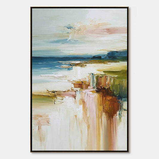 Coastal Serenity hand-painted blush pink and ivory textured coastal landscape painting rolled canvas option