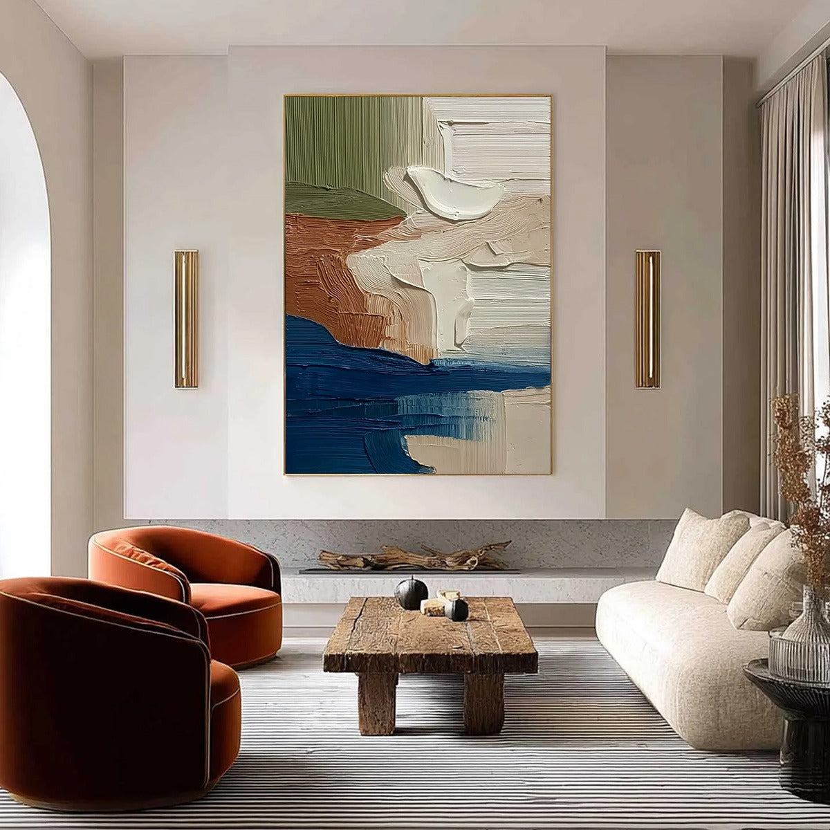 Coastal Strata hand-painted ocean blue and ivory textured coastal landscape painting shown as stretched canvas