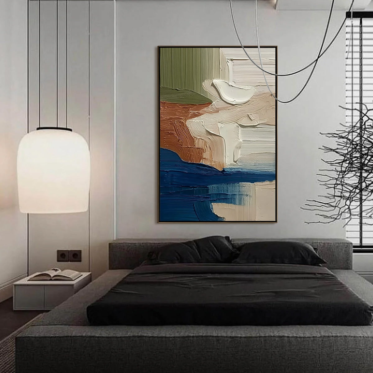 Coastal Strata hand-painted ocean blue and ivory textured coastal landscape painting shown with silver frame