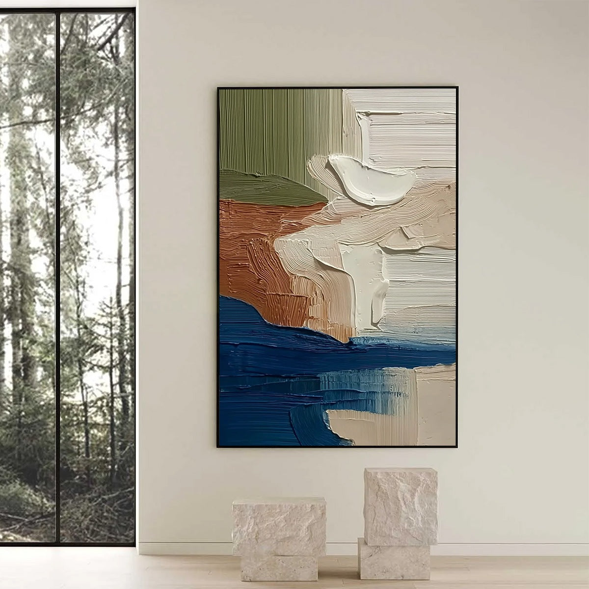 Coastal Strata hand-painted ocean blue and ivory textured coastal landscape painting shown with black frame