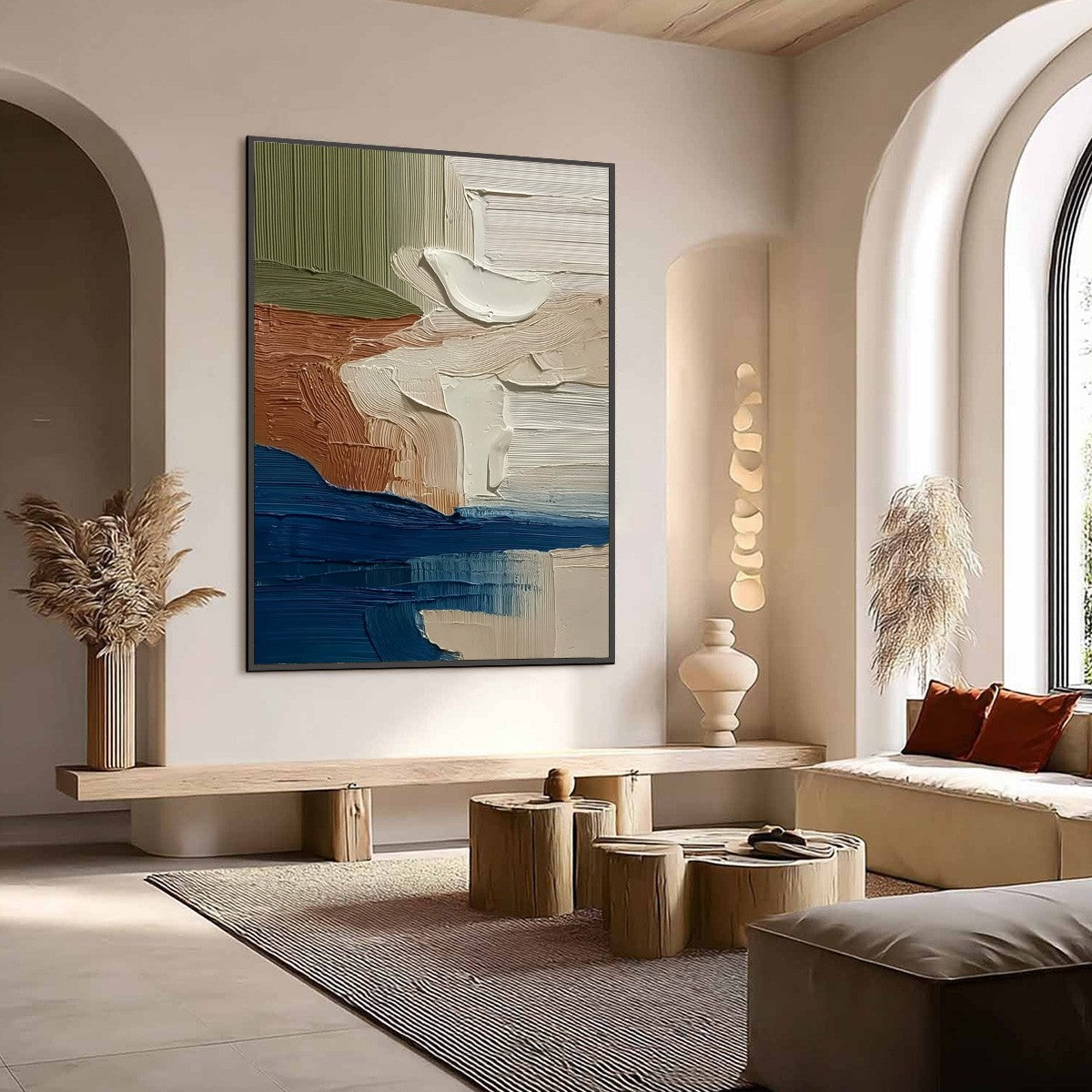 Coastal Strata hand-painted ocean blue and ivory textured coastal landscape painting shown with wood frame