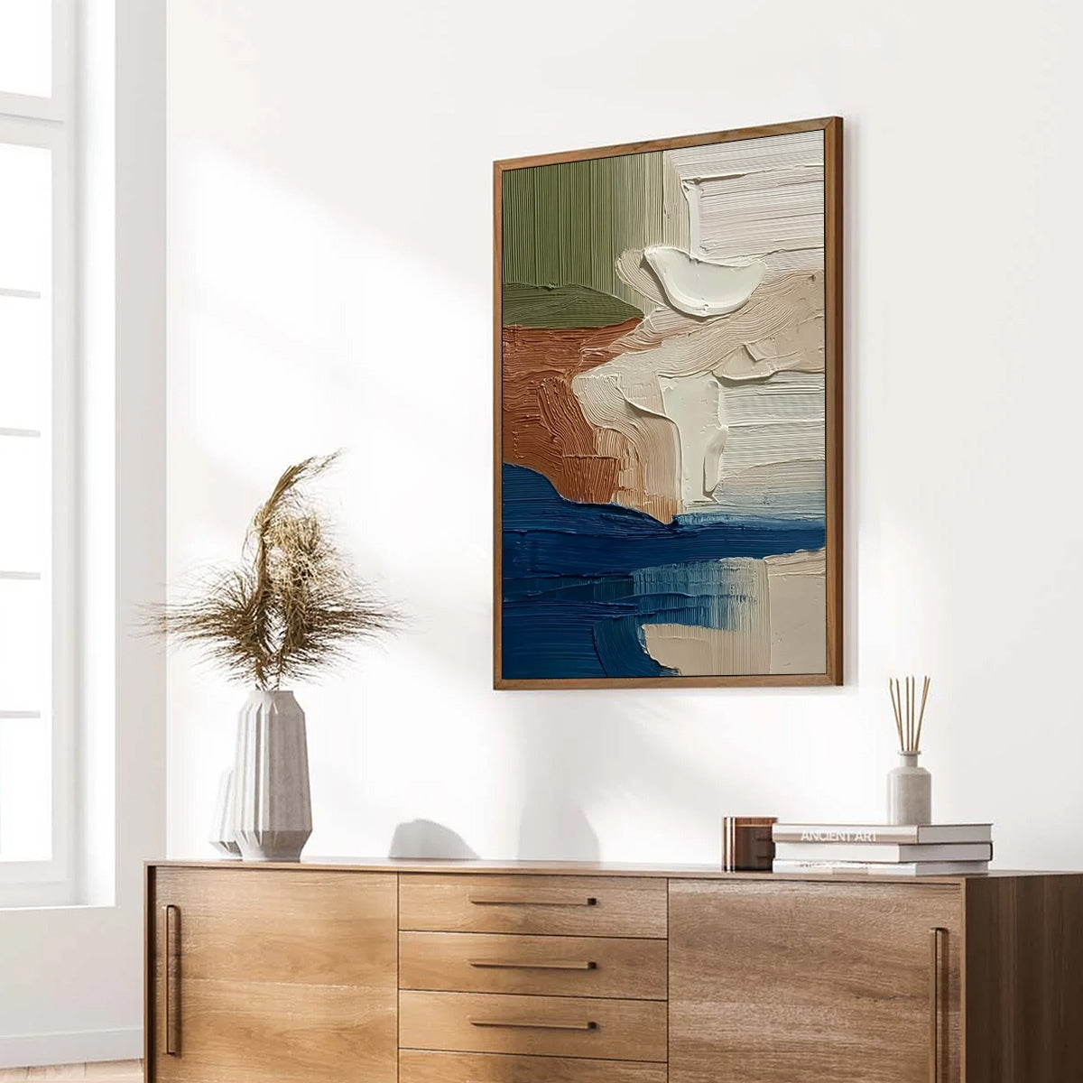 Coastal Strata hand-painted ocean blue and ivory textured coastal landscape painting rolled canvas option