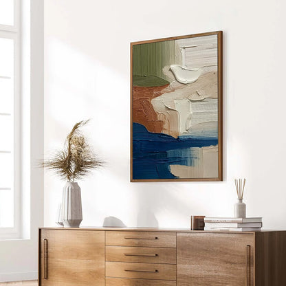 Coastal Strata hand-painted ocean blue and ivory textured coastal landscape painting rolled canvas option