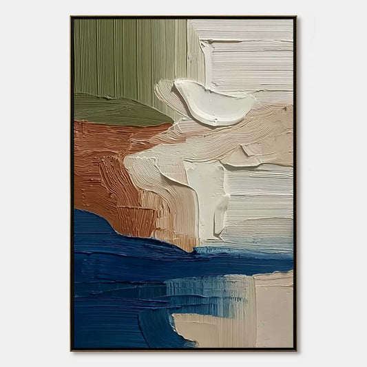 Coastal Strata hand-painted ocean blue and ivory textured coastal landscape painting rolled canvas option