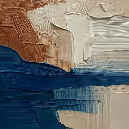 Coastal Strata hand-painted ocean blue and ivory textured coastal landscape painting shown with white frame